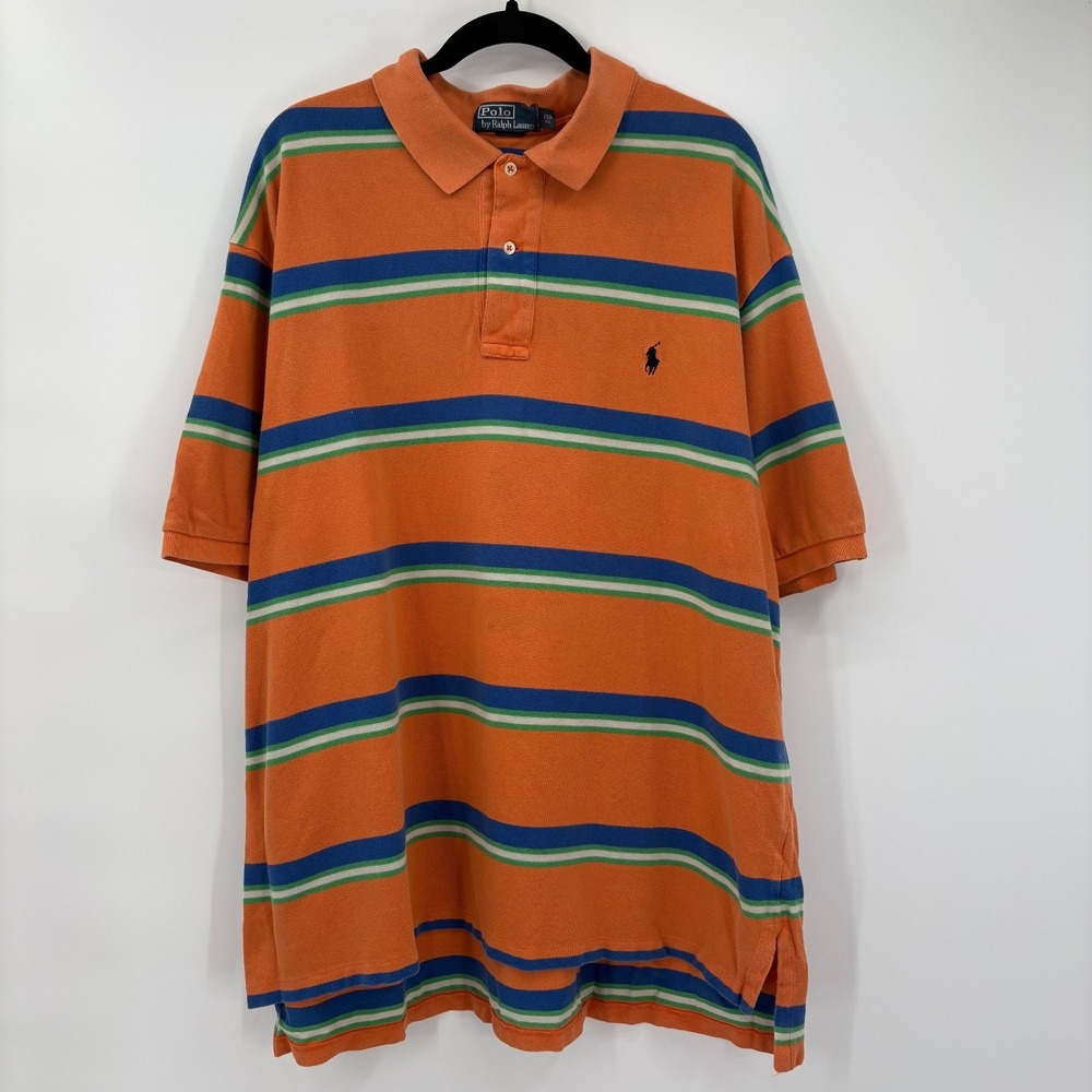Polo Ralph Lauren Mens Size 2XB Striped Short Sleeve Shirt Cotton Big Orange